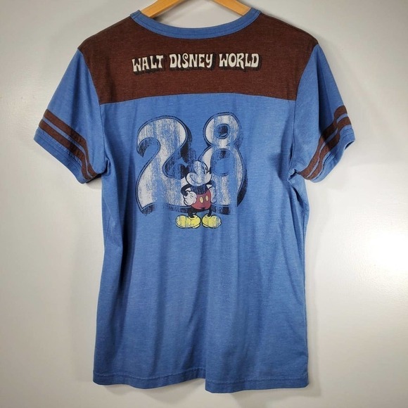 Vintage Walt Disney World Mickey Mouse Ringer Baseball Tee Blue Brown Size XL - Picture 6 of 11